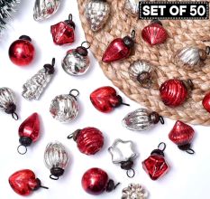 Red and Silver Tiny Christmas Ornaments In Assorted Styles Set of 50 Pcs